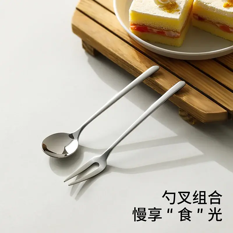 304不锈钢双享勺叉套装水果叉子甜品小圆勺